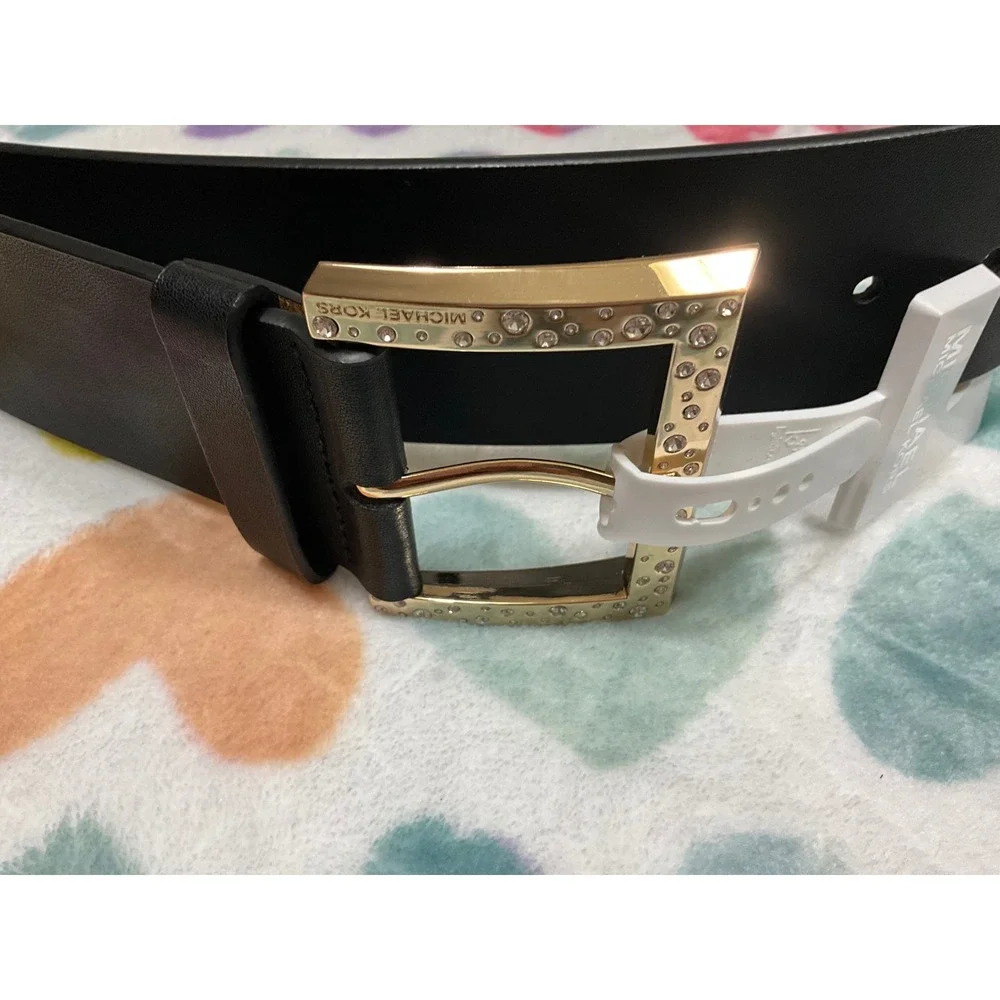 Michael Kors Women Black Leather Gold Crystal Buckle Fashion Belt - Picture 2 of 2